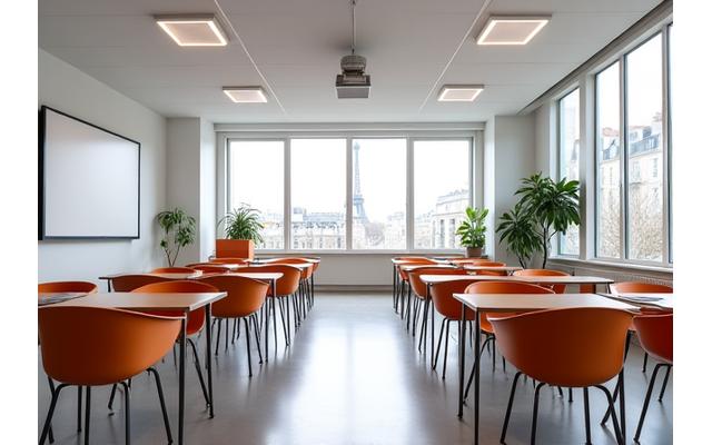Bright, modern classroom with natural light and comfortable seating.