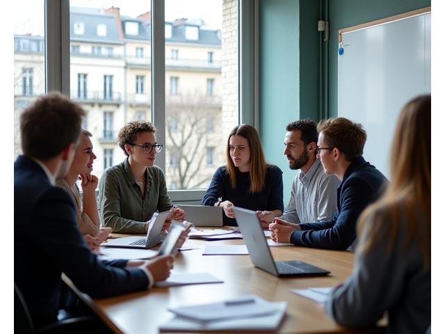 A student learning English in a bright, modern classroom in Paris, with French architecture visible outside.