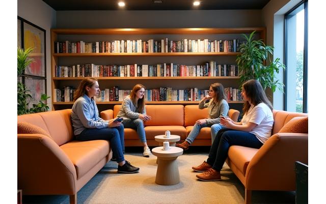 Inviting student lounge area with comfortable sofas and study tables.