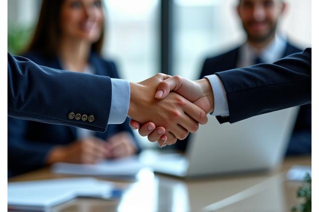 Two professionals shaking hands in a modern business setting, representing business English