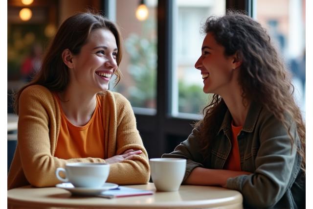Two people having a lively conversation in English, representing conversational workshops