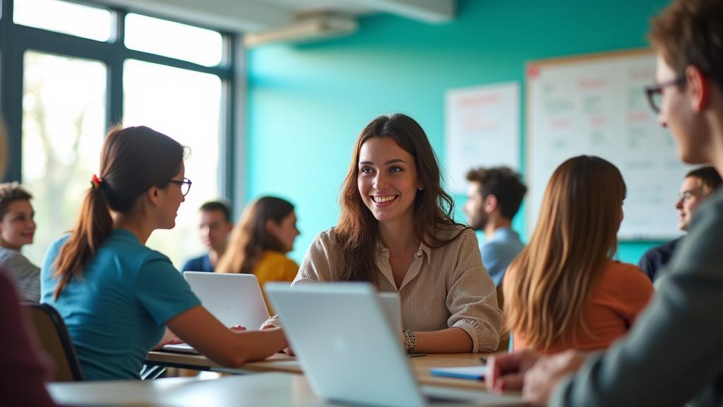 Students actively learning English in a modern, bright classroom setting at Éclat des Mots